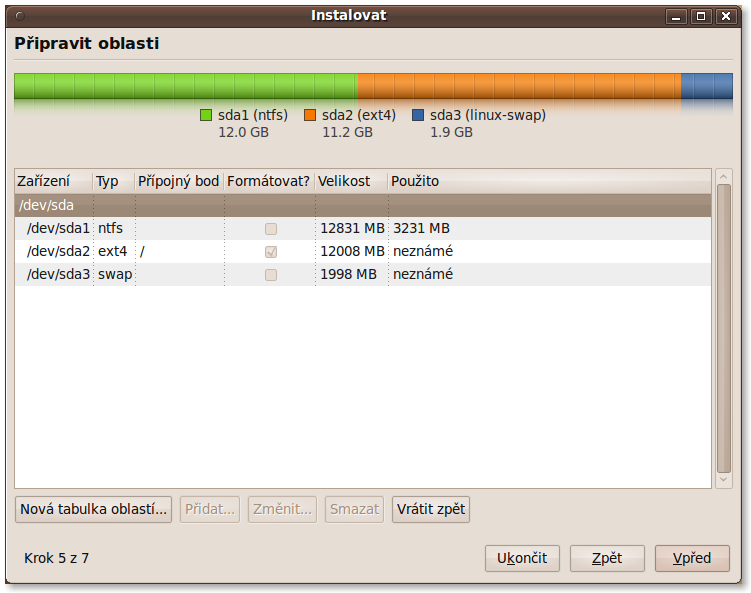 Asi nejsloitj st instalace, rozdlen Partitions na disku